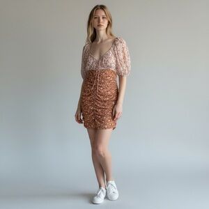Free People X REVOLVE Tessa Mini Dress Brown Pink Floral Ruched Lined